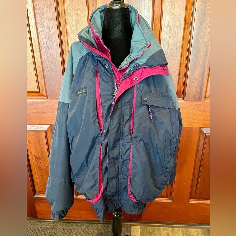 Columbia Mens L Powder Keg 3 in 1 Navy Blue Green Purple Lined Jacket Coat